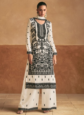 Unique Embroidered Chinon Palazzo Salwar Kameez