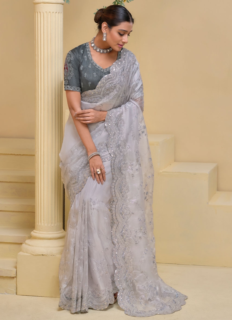 Unique Fancy Fabric Sequins Grey Contemporary Saree