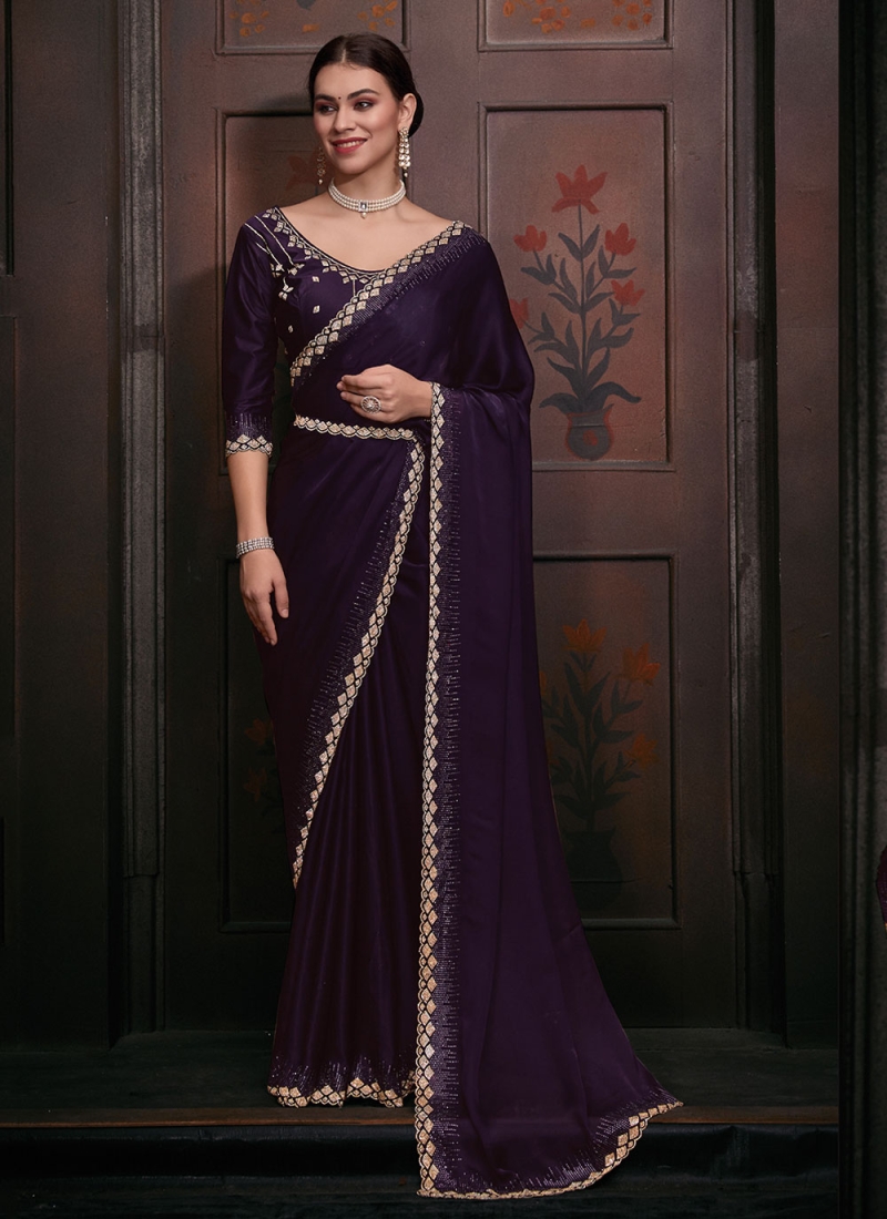 Urbane Handwork Georgette Satin Purple Classic Saree