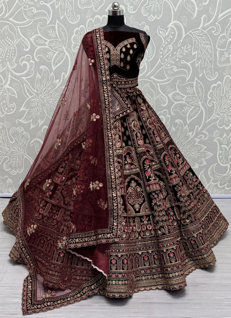 Velvet Designer Lehenga Choli in Maroon