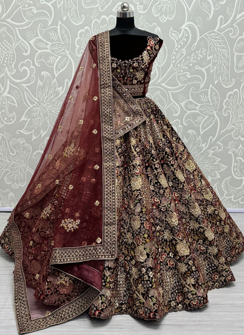 Velvet Designer Lehenga Choli in Maroon