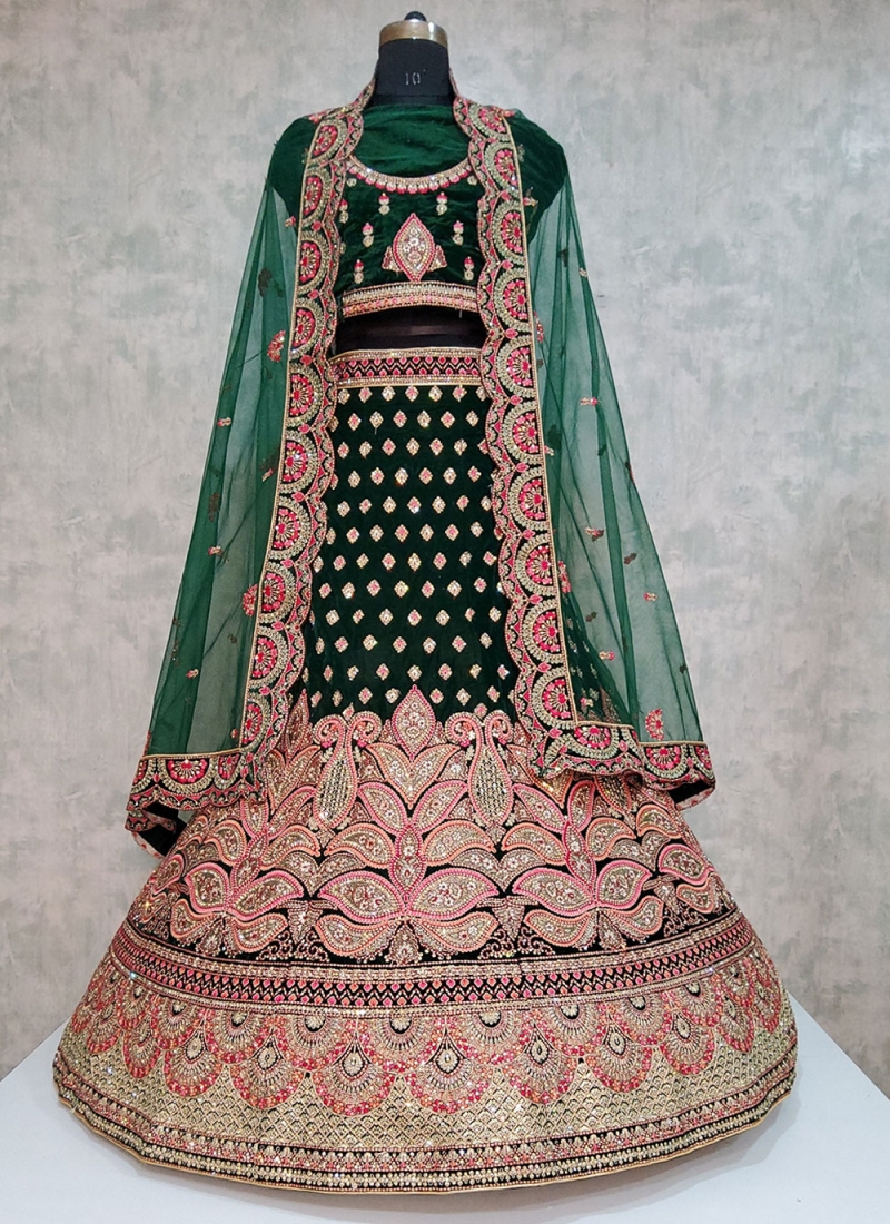 Velvet Embroidered Designer Lehenga Choli in Green