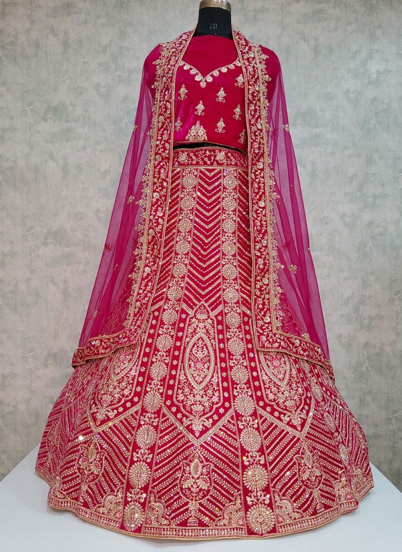 Velvet Embroidered Designer Lehenga Choli in Rani