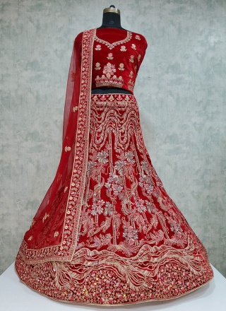 Velvet Embroidered Lehenga Choli in Maroon
