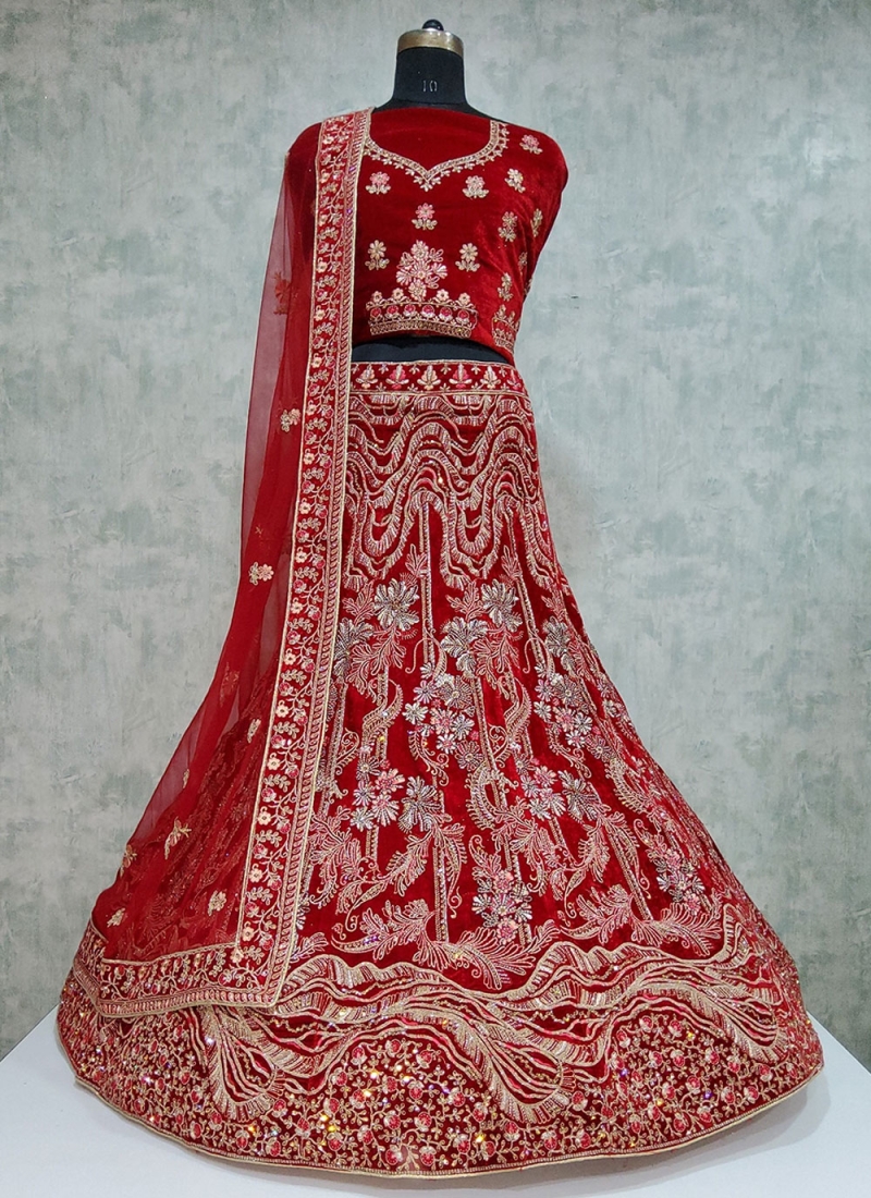 Velvet Embroidered Lehenga Choli in Maroon