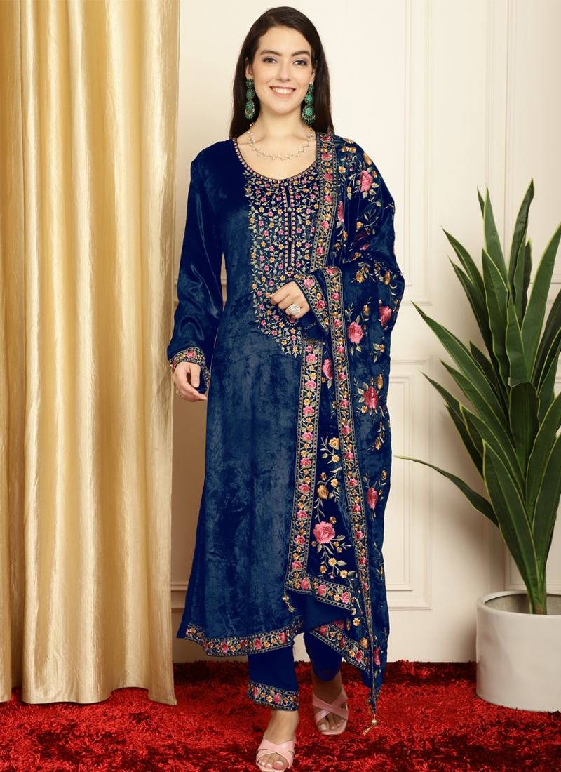 Velvet Embroidered Navy Blue Salwar Suit