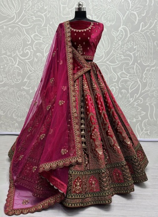 Velvet Embroidered Pink and Rani Designer Lehenga Choli