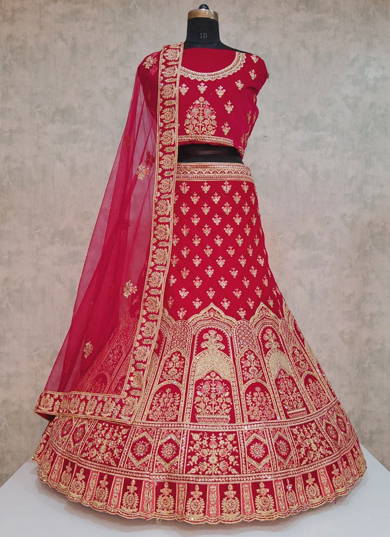 Velvet Embroidered Red Designer Lehenga Choli