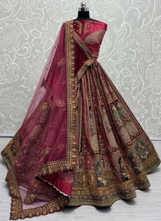 Velvet Lehenga Choli in Rani