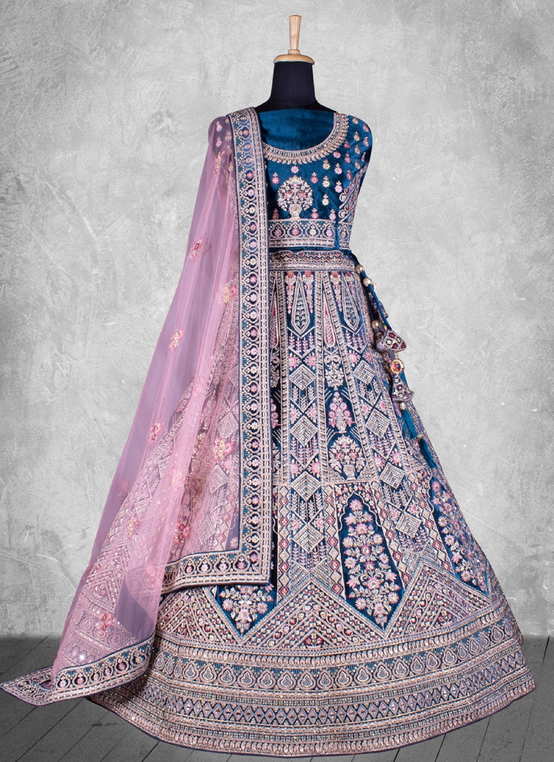 FABPIXEL Teal & Pink Embroidered Thread Work Semi-Stitched Lehenga &  Unstitched Blouse With Dupatta - Absolutely Desi