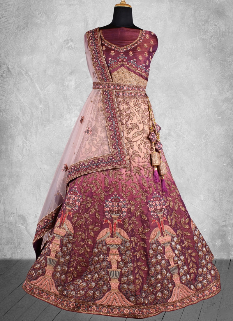 Velvet Maroon and Peach Trendy Lehenga Choli