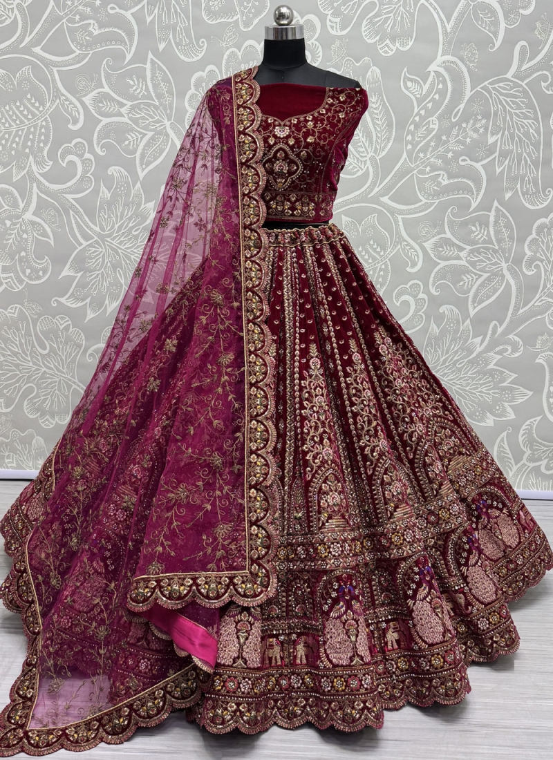 Velvet Maroon and Rani Sequins Trendy Lehenga Choli