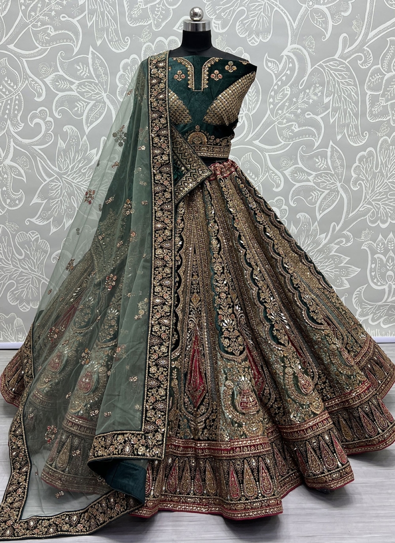 Buy Green Silk Embroidered Patchwork Upcycled Bridal Lehenga Set For Women  by Varun Bahl Online at Aza Fashions.