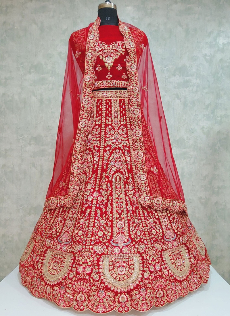 Velvet Red Embroidered Designer Lehenga Choli