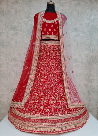 Velvet Red Embroidered Lehenga Choli