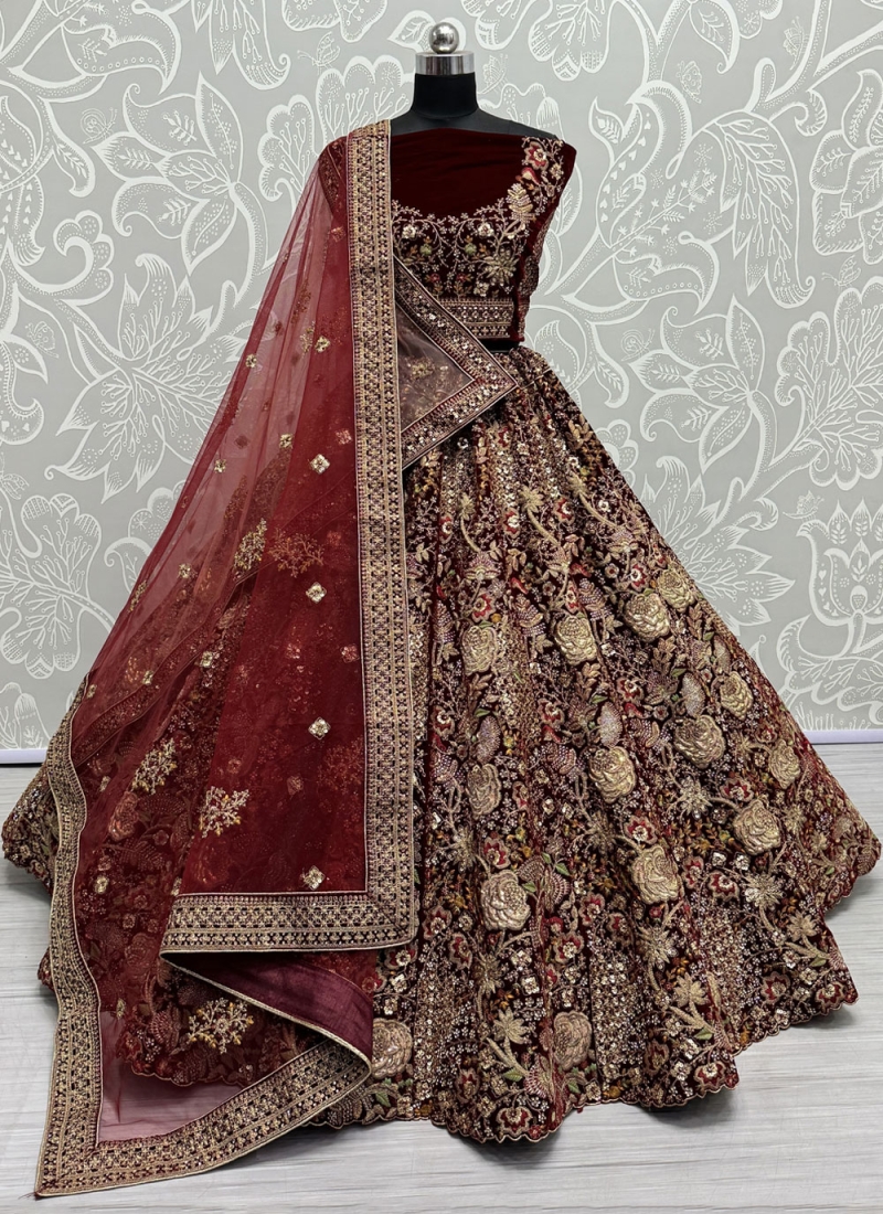 Versatile Velvet Sequins Maroon Trendy Lehenga Choli