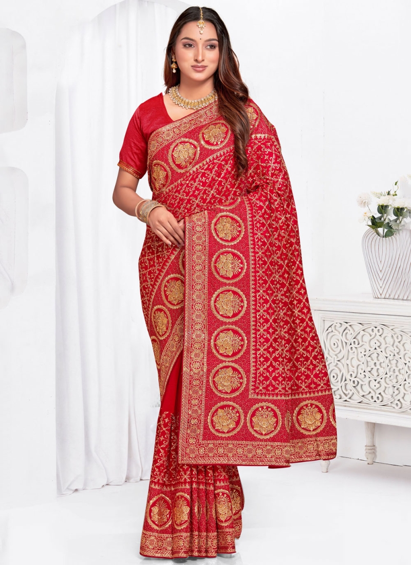 Vichitra Silk Zari Red Contemporary Saree