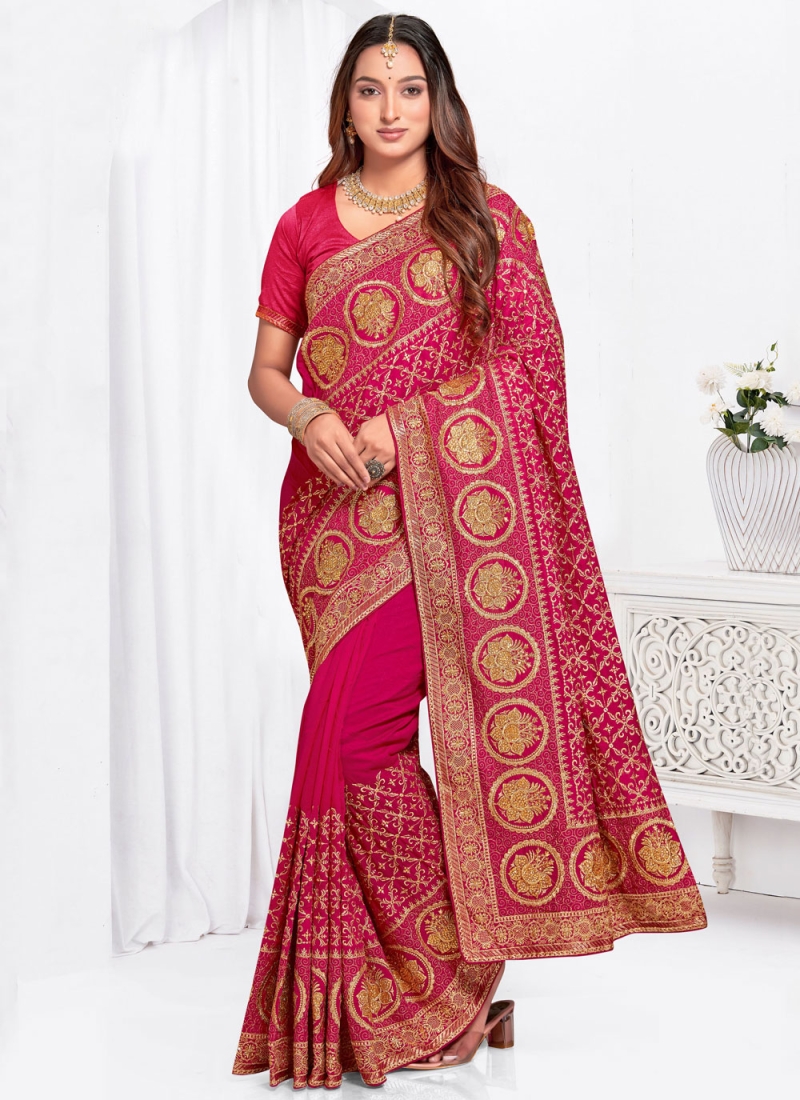 Vichitra Silk Zari Traditional Saree in Rani