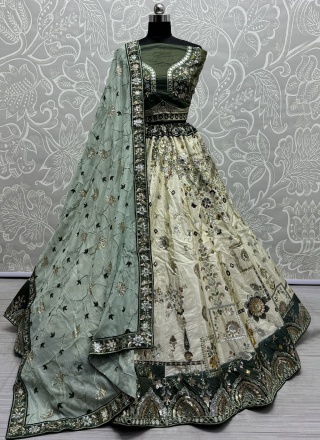 Viscose Cream and Green Lehenga Choli