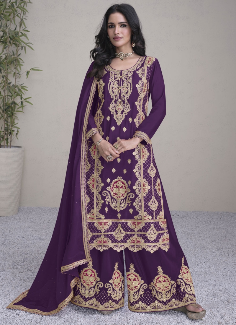 Vivacious Chinon Purple Designer Salwar Kameez