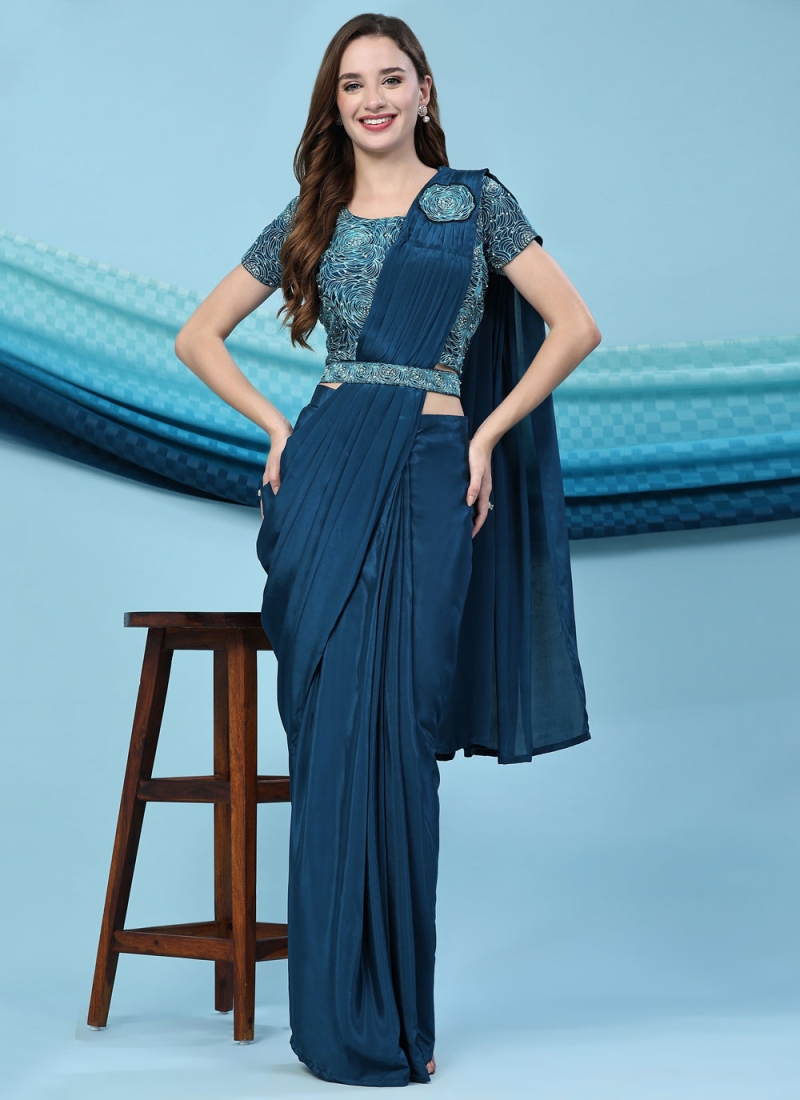 Vivid Embroidered Blue Trendy Saree