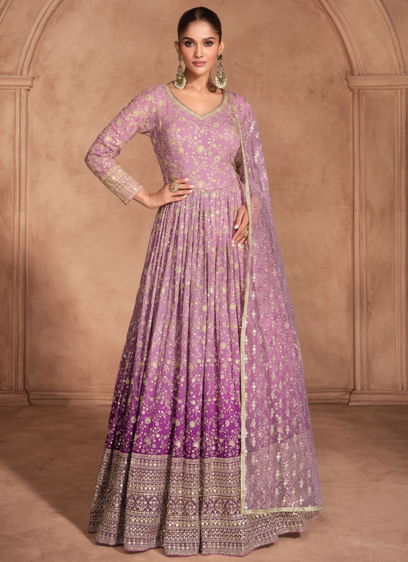 Vivid Purple Sequins Floor Length Trendy Gown