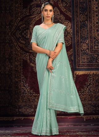 Vivid Sea Green Mirror Georgette Contemporary Saree