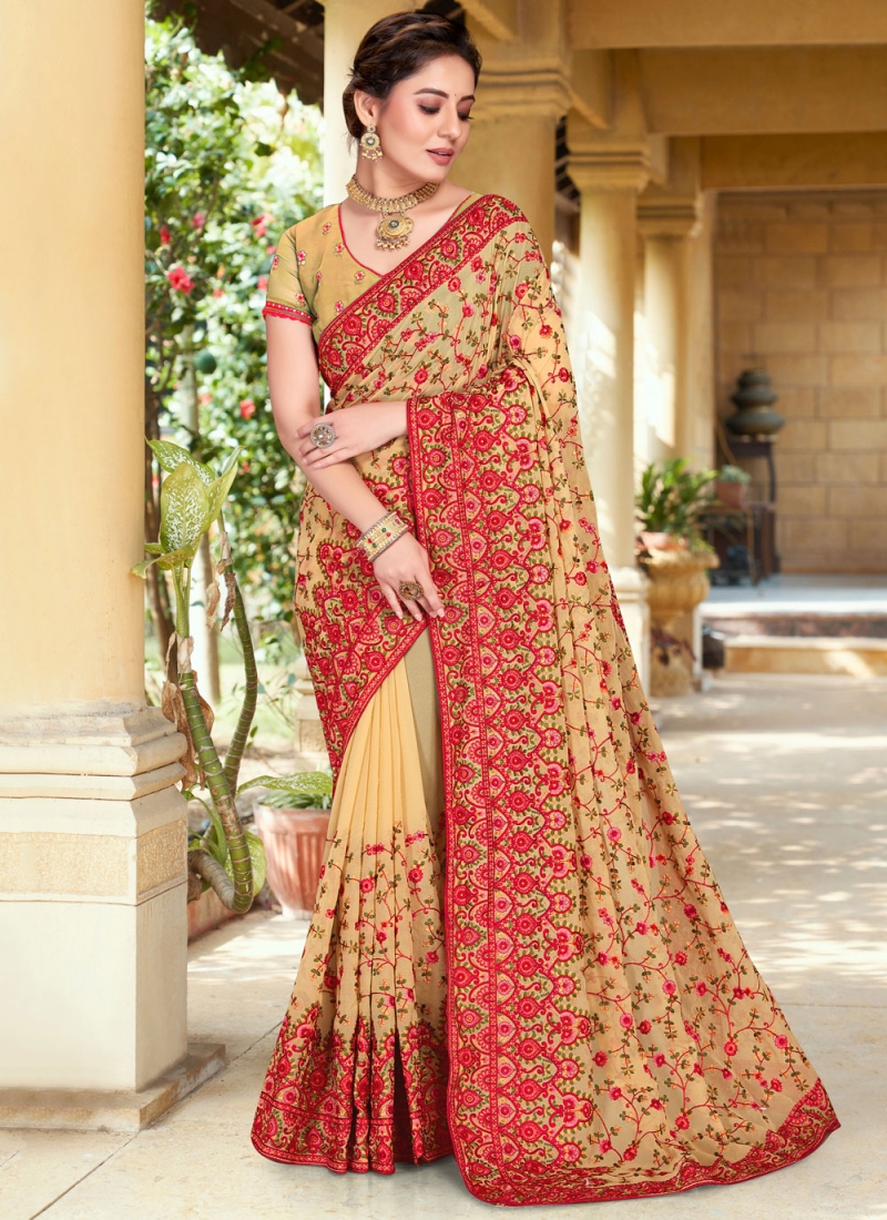 Voguish Khaki Georgette Trendy Saree