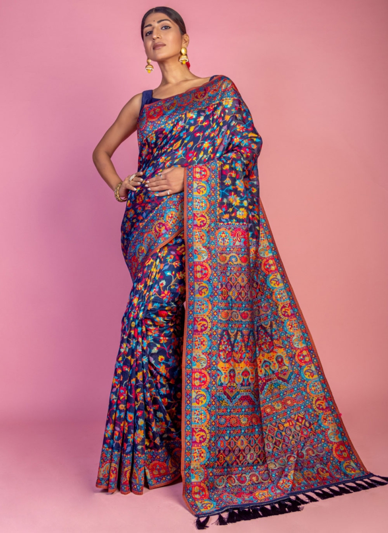 Weaving Pashmina Contemporary Saree in Navy Blue