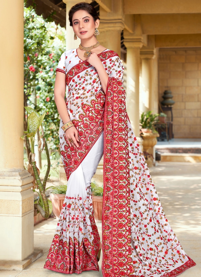 White Georgette Traditional Saree