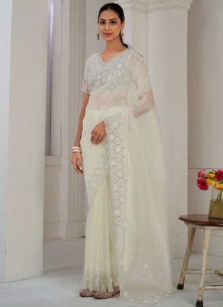 White Moti Organza Classic Saree