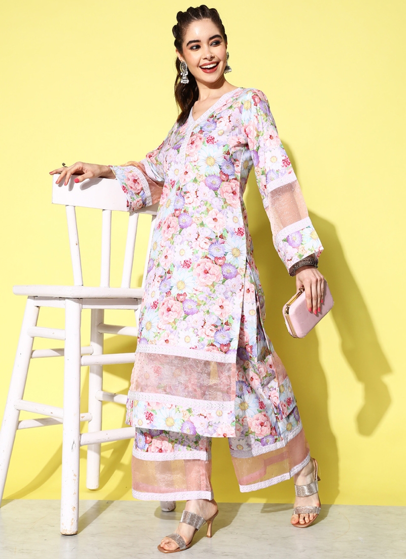 White Printed Rayon Casual Kurti