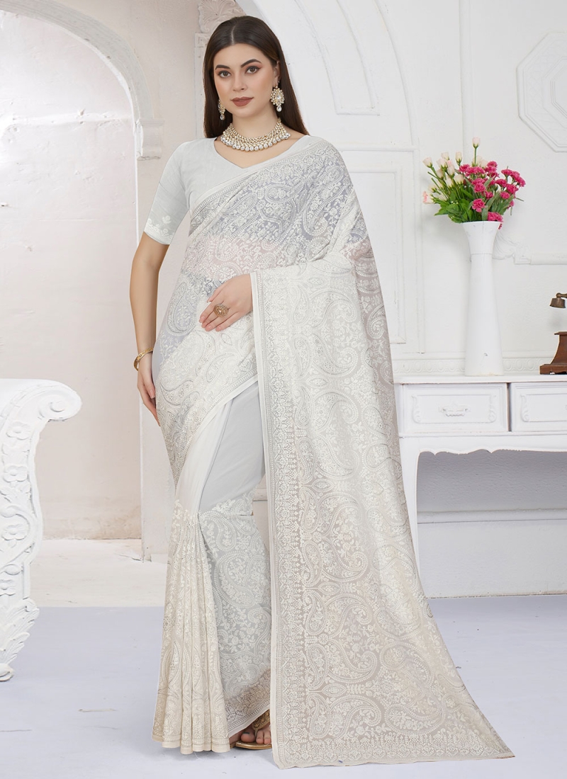 Buy online Women's Self Design White Colored Saree With Blouse from ethnic  wear for Women by Charukriti for ₹4539 at 30% off | 2024 Limeroad.com