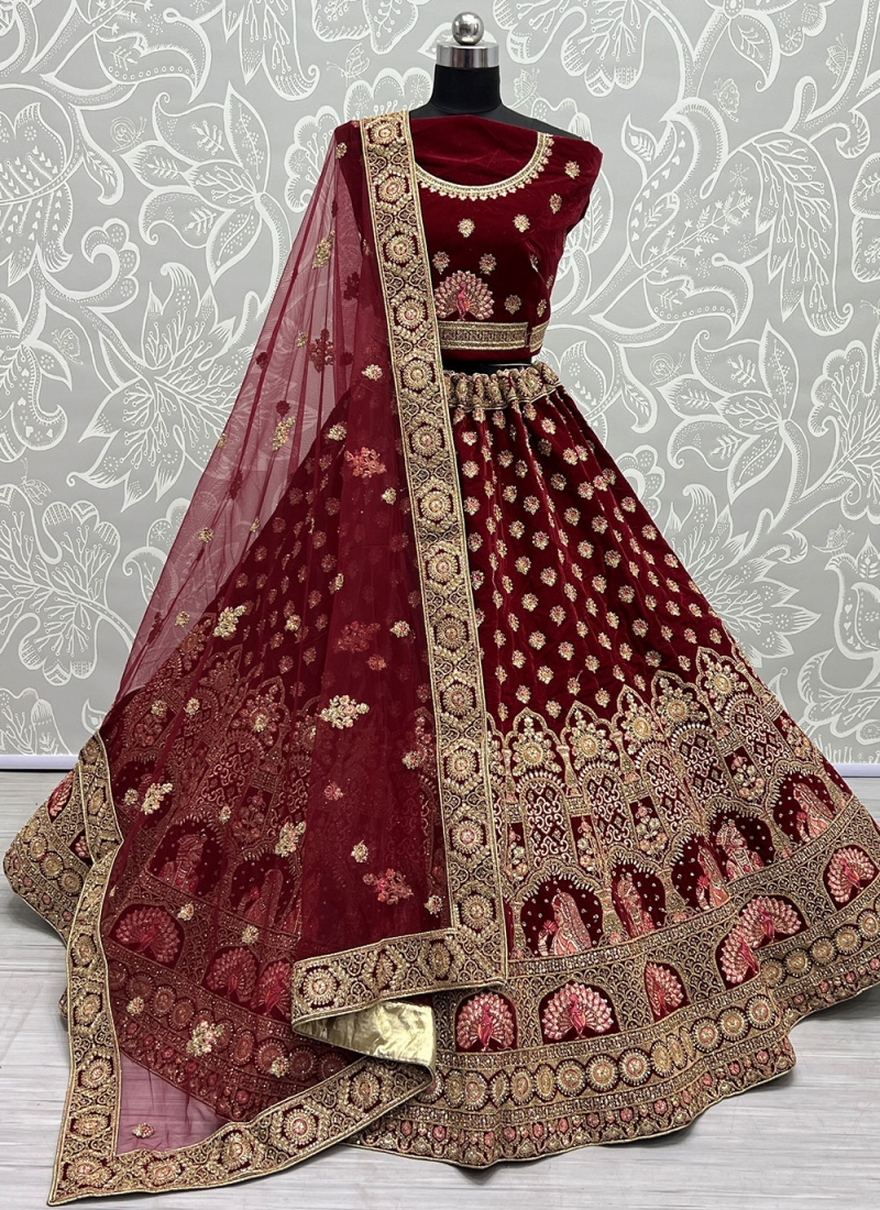 Wedding Shop Embroidered Silk Wine Red And Salmon Pink Ombre Lehenga  LLCV112861