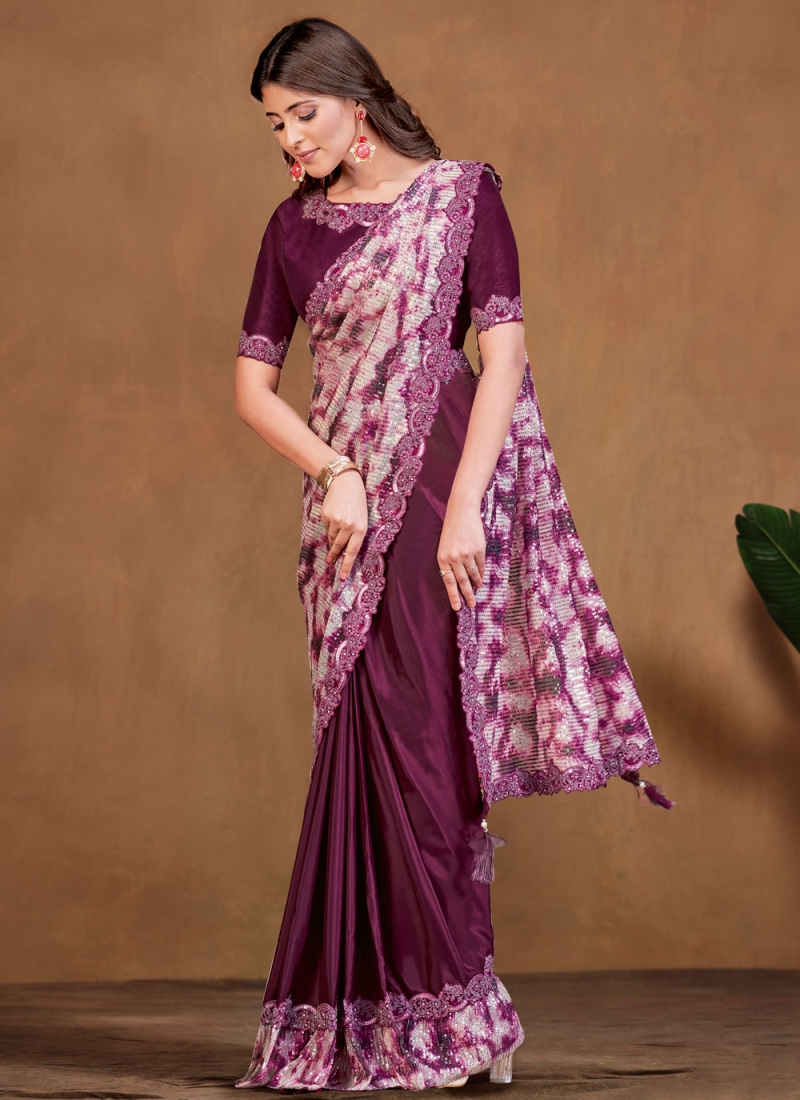 Wine Crepe Silk Digital Print Trendy Saree