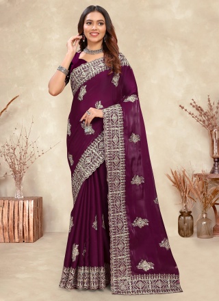 Wine Diamond Crepe Silk Designer Saree