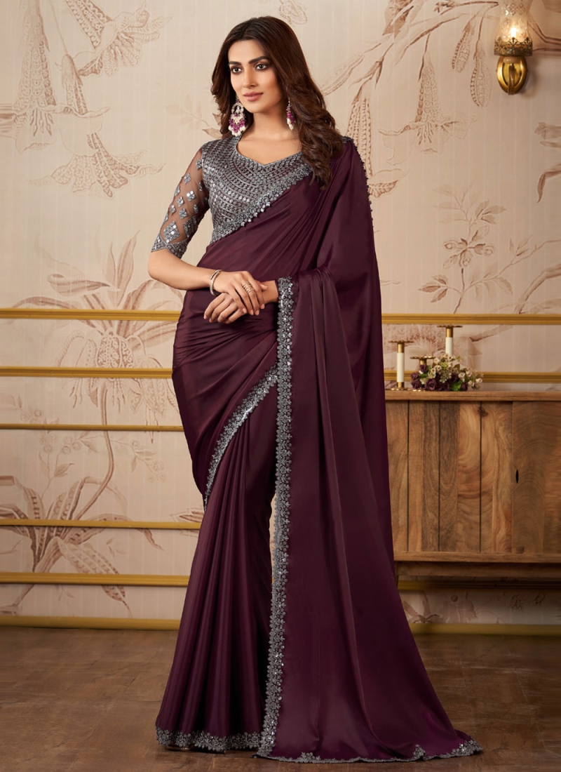 Chiffon Fabric Maroon Color Border Work Designer Saree With Designer Blouse