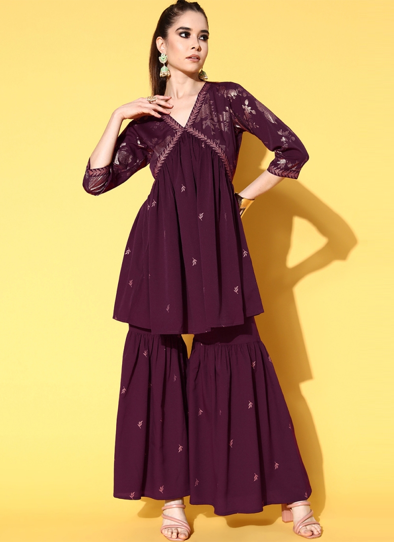 Wine Printed Party Wear Kurti