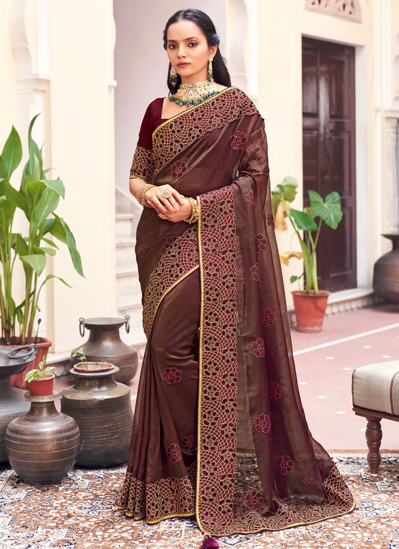 Designer wine coloured raw silk saree