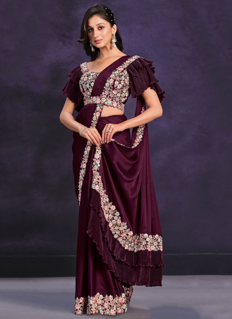 Wine Sequins Sangeet Classic Saree