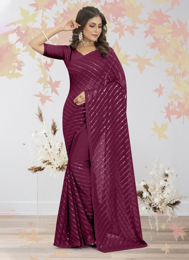 Buy Wine Threadwork Georgette Designer Saree - Koskii