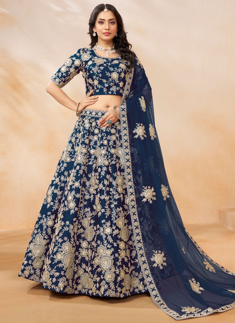 Winsome Art Silk Sequins Navy Blue Designer Lehenga Choli