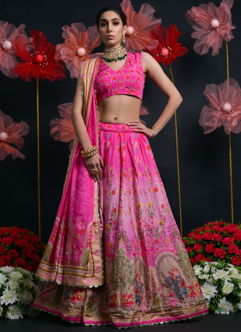 Winsome Embroidered Viscose Rose Pink Long Choli Lehenga