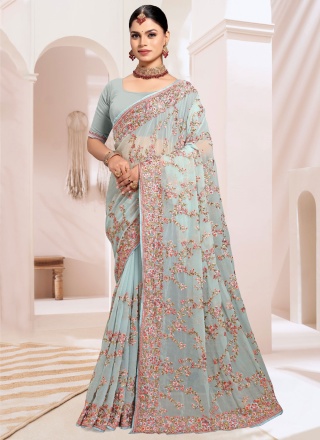 Winsome Resham Aqua Blue Trendy Saree