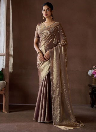 Wonderous Brown Satin Silk Contemporary Saree