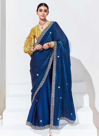 Wonderous Embroidered Navy Blue Contemporary Saree