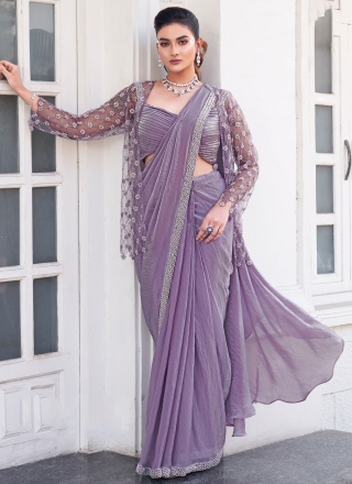 Wonderous Satin Silk Lavender Contemporary Saree