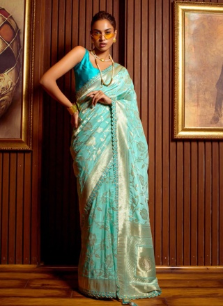 Wonderous Silk Embroidered Turquoise Trendy Saree