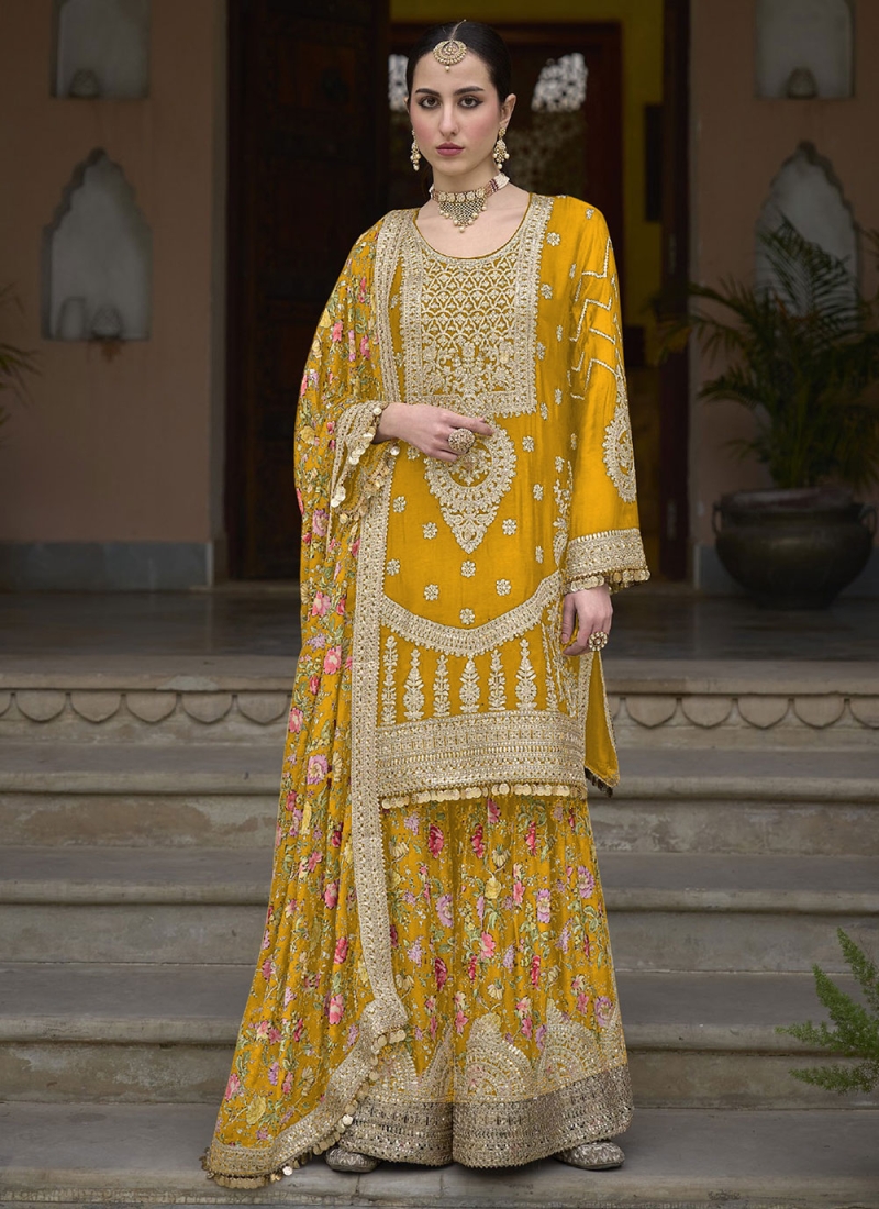 Yellow Chinon Mehndi Trendy Salwar Kameez