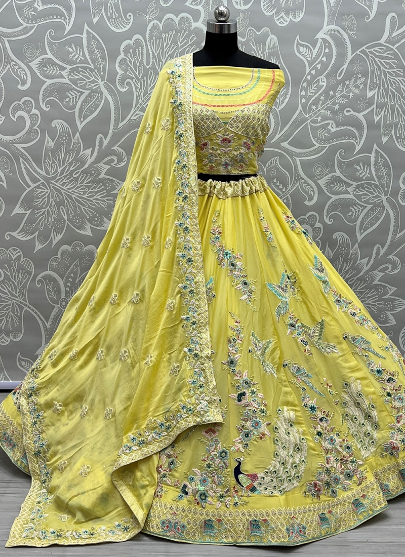 Lemon Yellow Colour Embroidered Attractive Party Wear Silk Lehenga choli –  Prititrendz